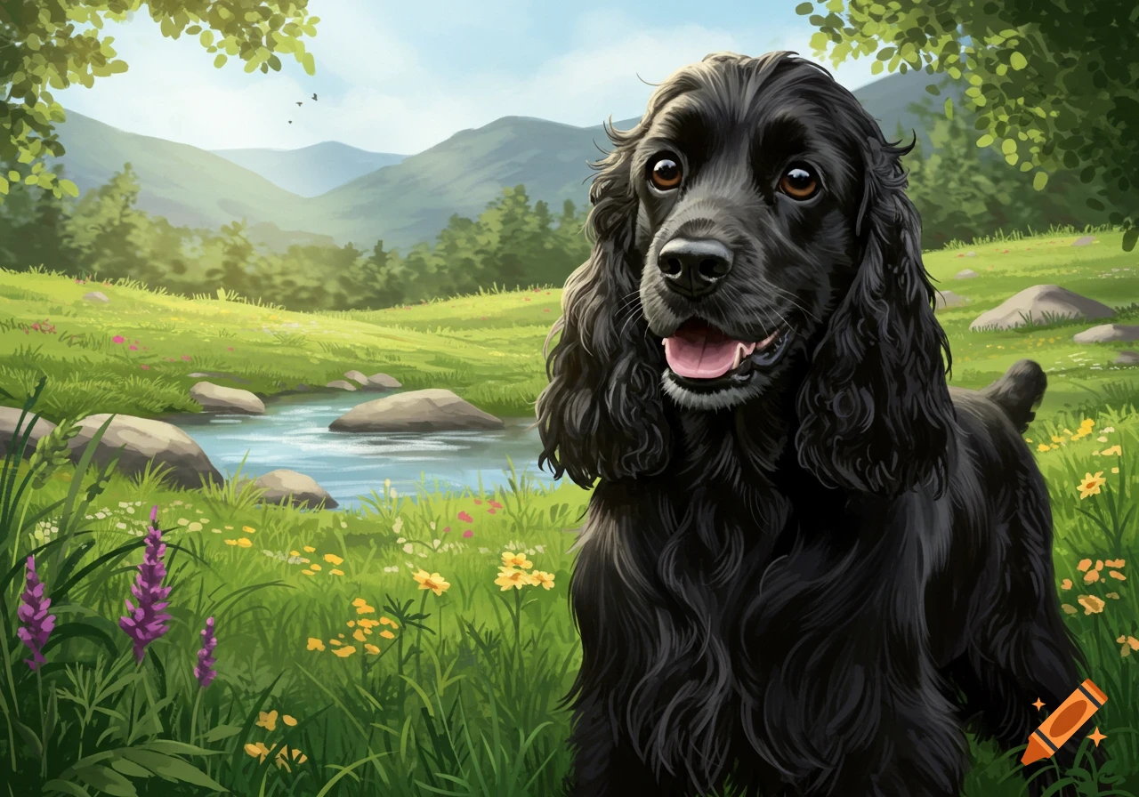A black cocker spaniel standing in a vibrant green field with a stream, flowers, and mountains under a blue sky, in an illustrative style.
