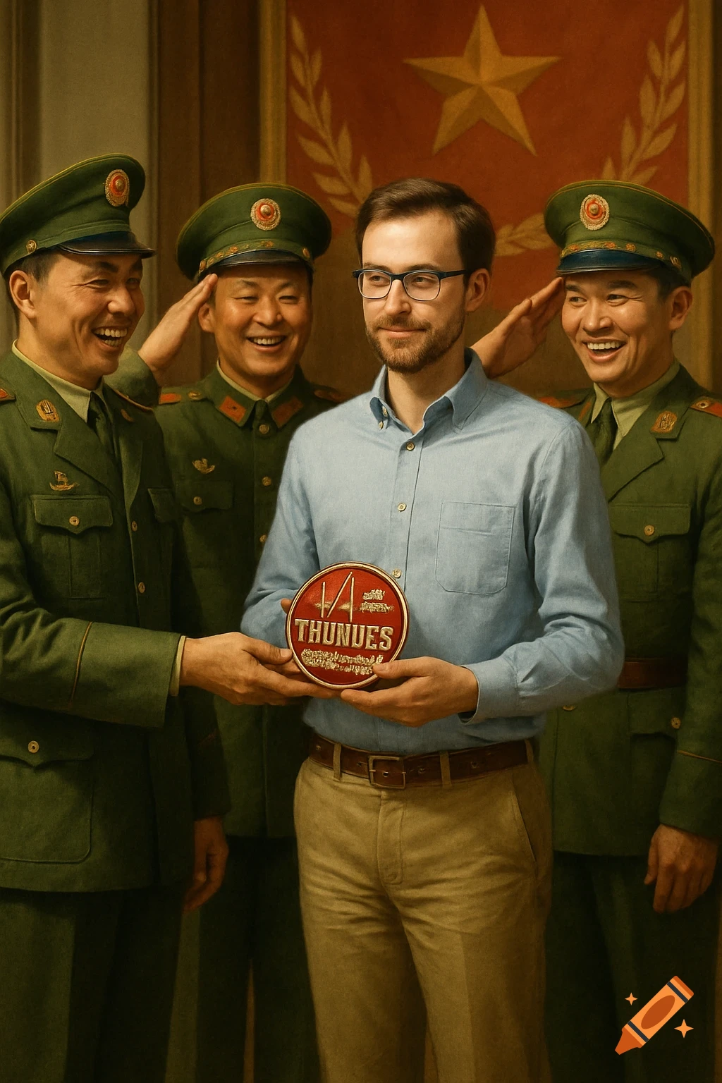 An American software engineer receives a red badge from three smiling Chinese PLA soldiers saluting him, set against a red banner with a gold star.