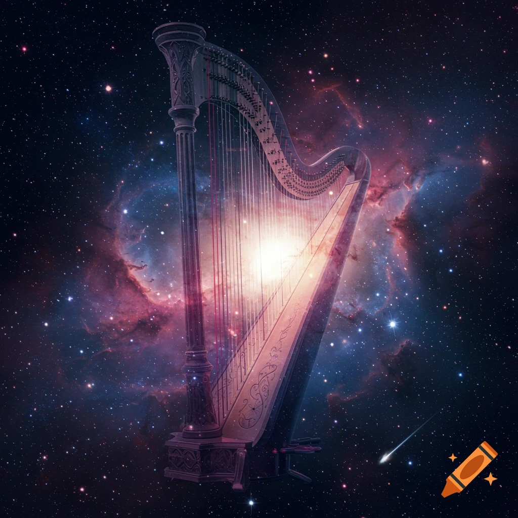 A grand harp glows brightly amidst a vibrant purple and blue nebula filled with stars and a distant shooting star.