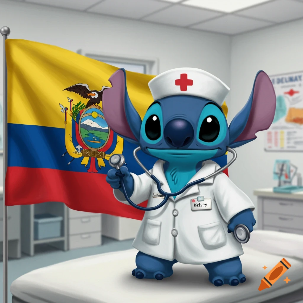 A cartoon character Stitch dressed as a nurse in a white coat, holding a stethoscope, standing in a medical room with an Ecuadorian flag in the background.