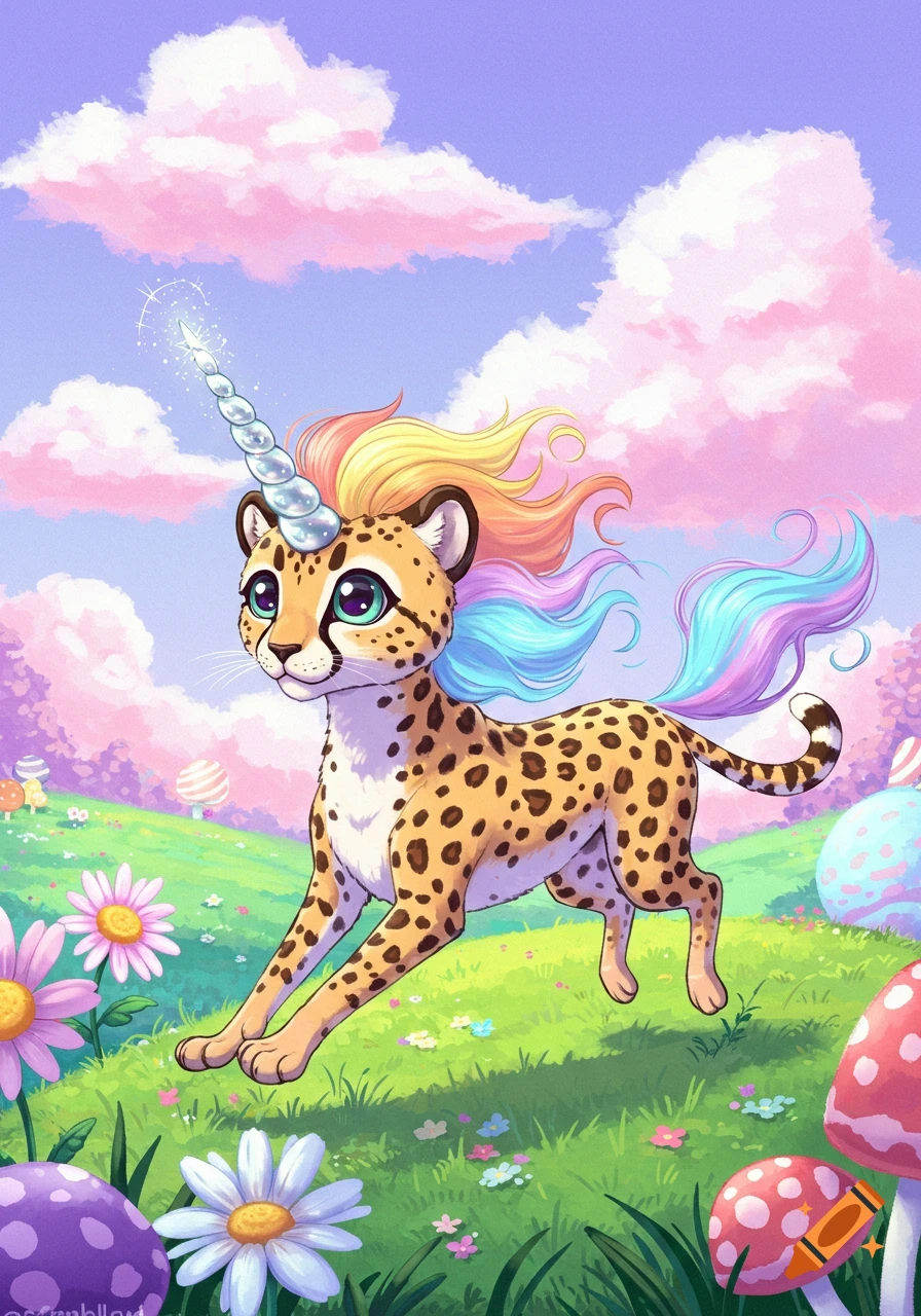 A cute, stylized cheetah unicorn with rainbow hair and a sparkly horn runs through a pastel fantasy field with flowers and mushrooms.