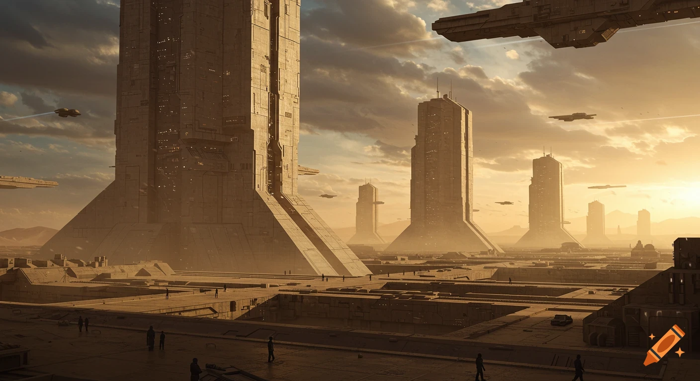 A futuristic city with massive brutalist buildings under a hazy sky with flying spaceships.