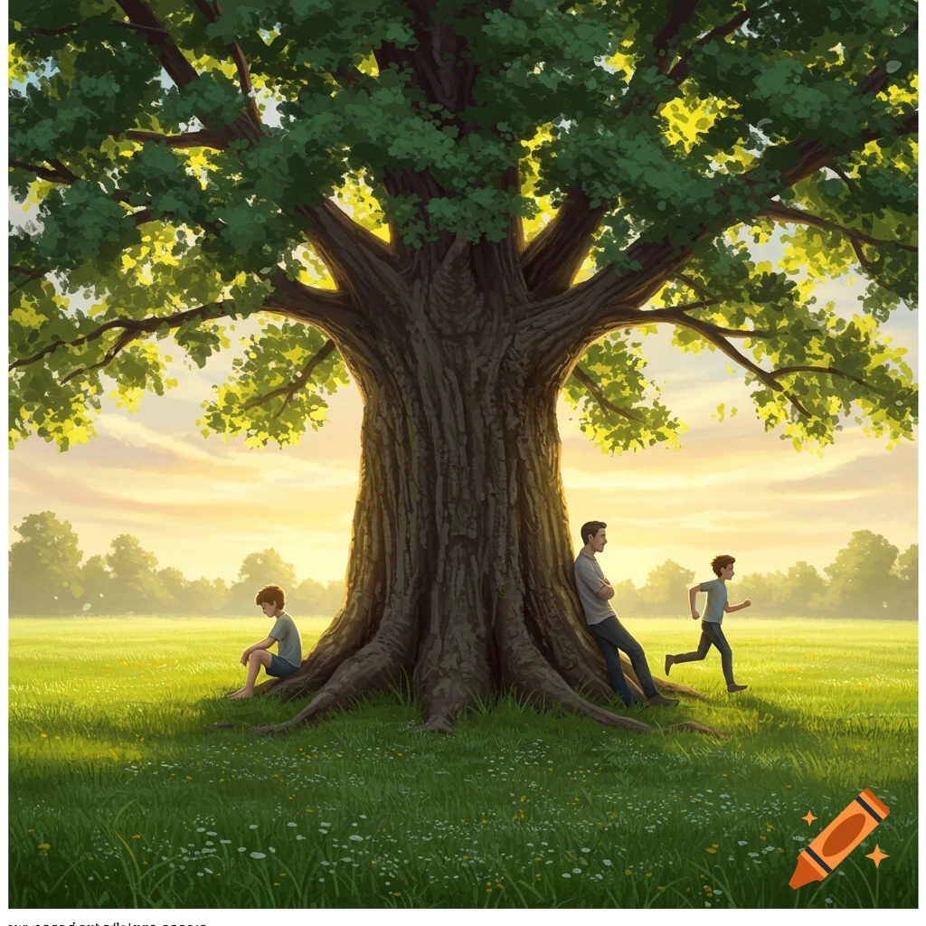 An illustration of a large oak tree in a sunny field with a young boy sitting, an adult man leaning, and another boy running towards them.