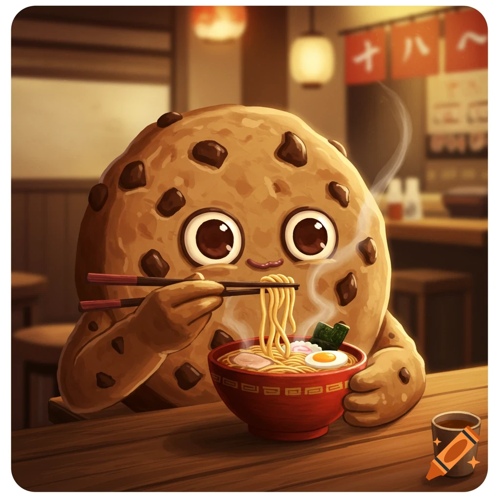 A cute cartoon chocolate chip cookie character eats a steaming bowl of ramen noodles with chopsticks in a Japanese restaurant.