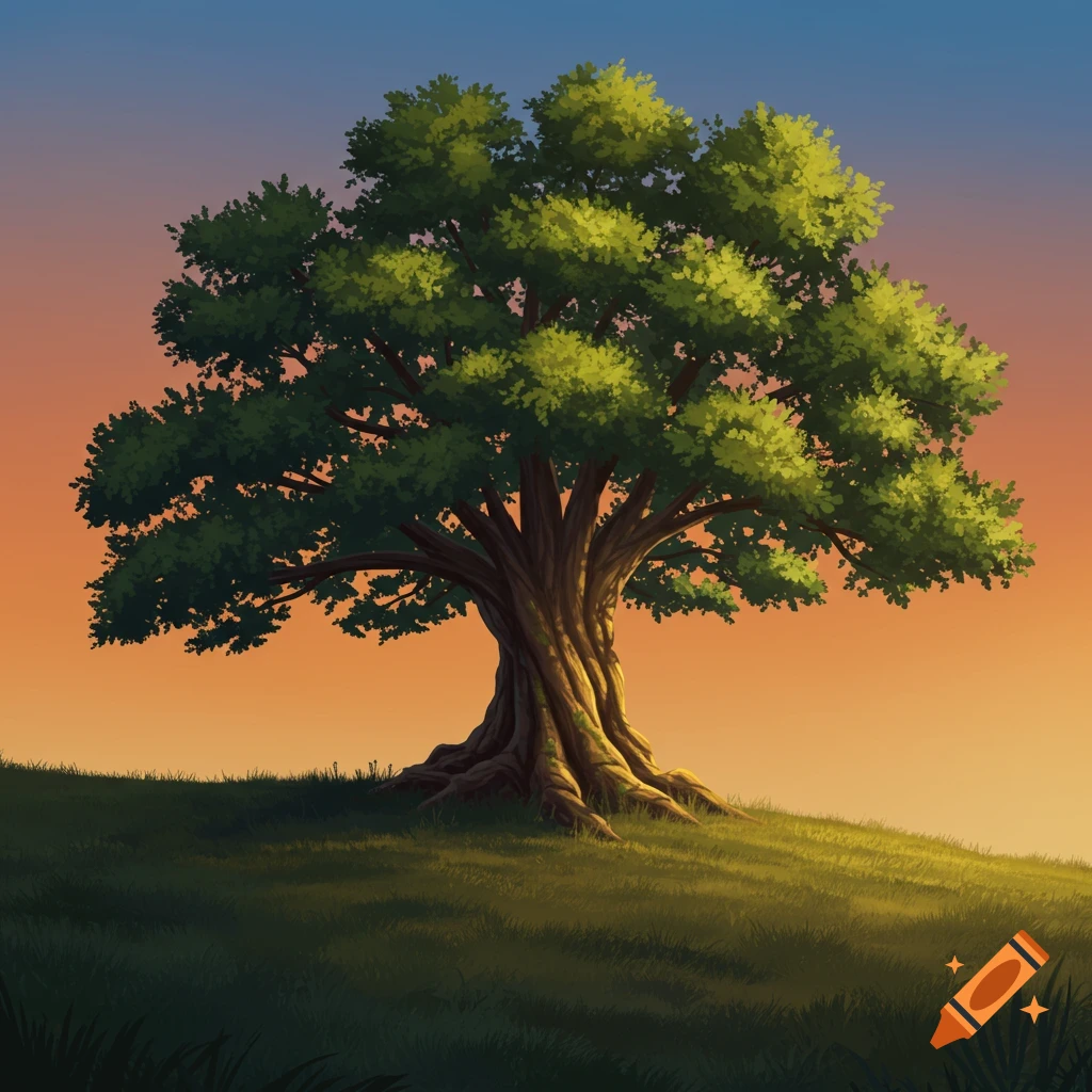 A large green tree stands alone on a grassy hillside against a colorful sunset sky.