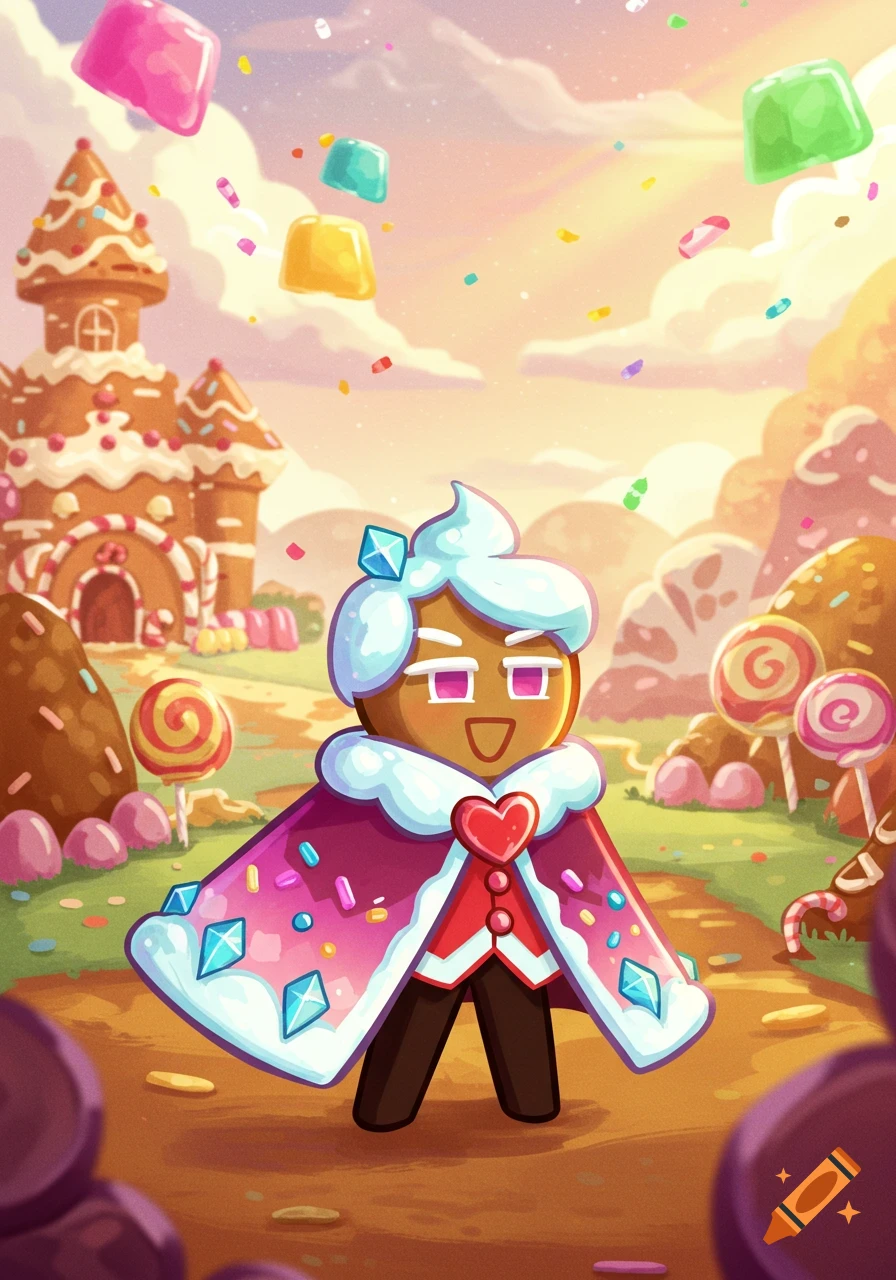 A cheerful gingerbread character with white frosting hair and a pink cape stands in a vibrant candy land with a gingerbread house, lollipops, and floating gummies.