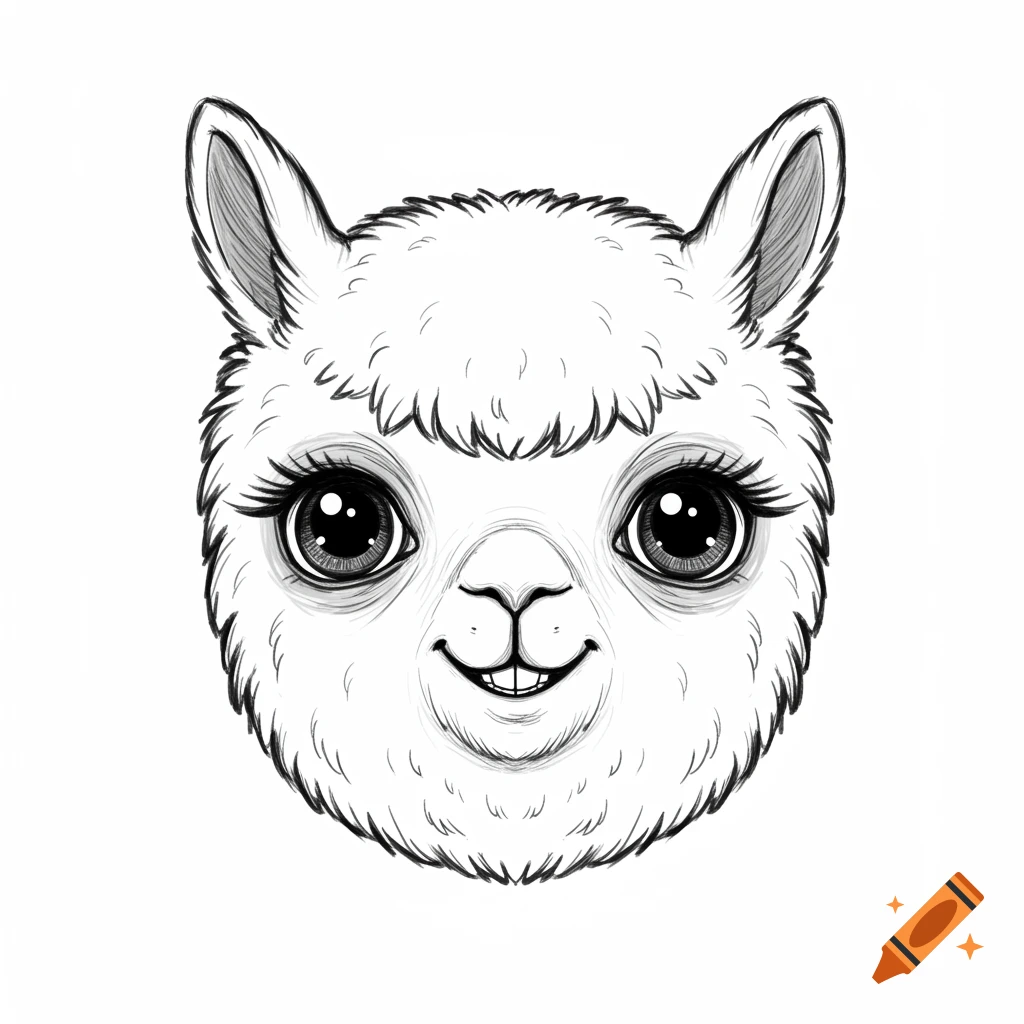 Black and white sketch of a cute, stylized alpaca head with big eyes and a mischievous grin.