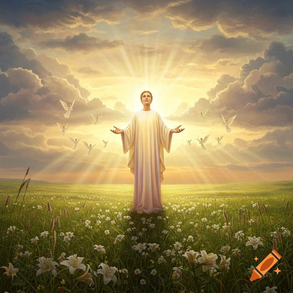 A figure in a white robe stands in a field of flowers with arms outstretched under a heavenly sky with angels and radiating light.