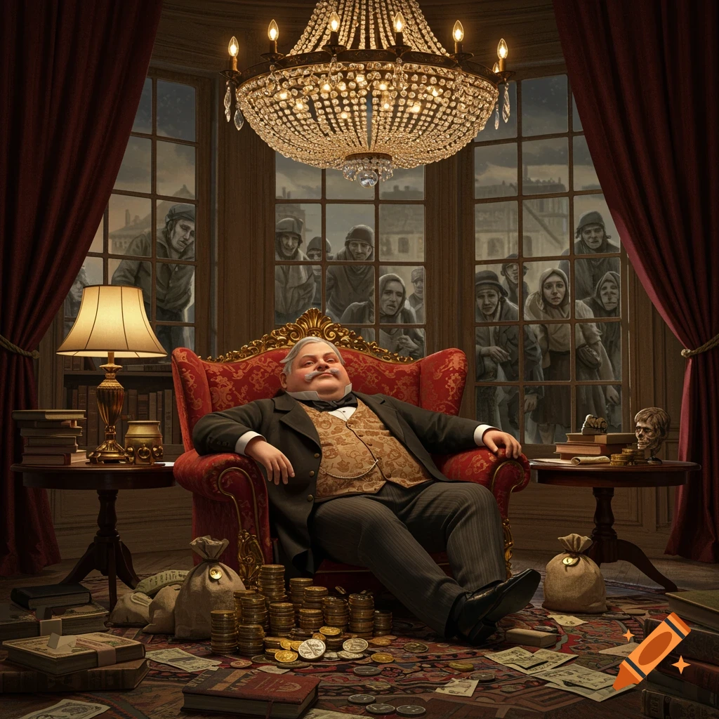 A wealthy Victorian man relaxes in a luxurious room filled with money, while poor people look in from outside.