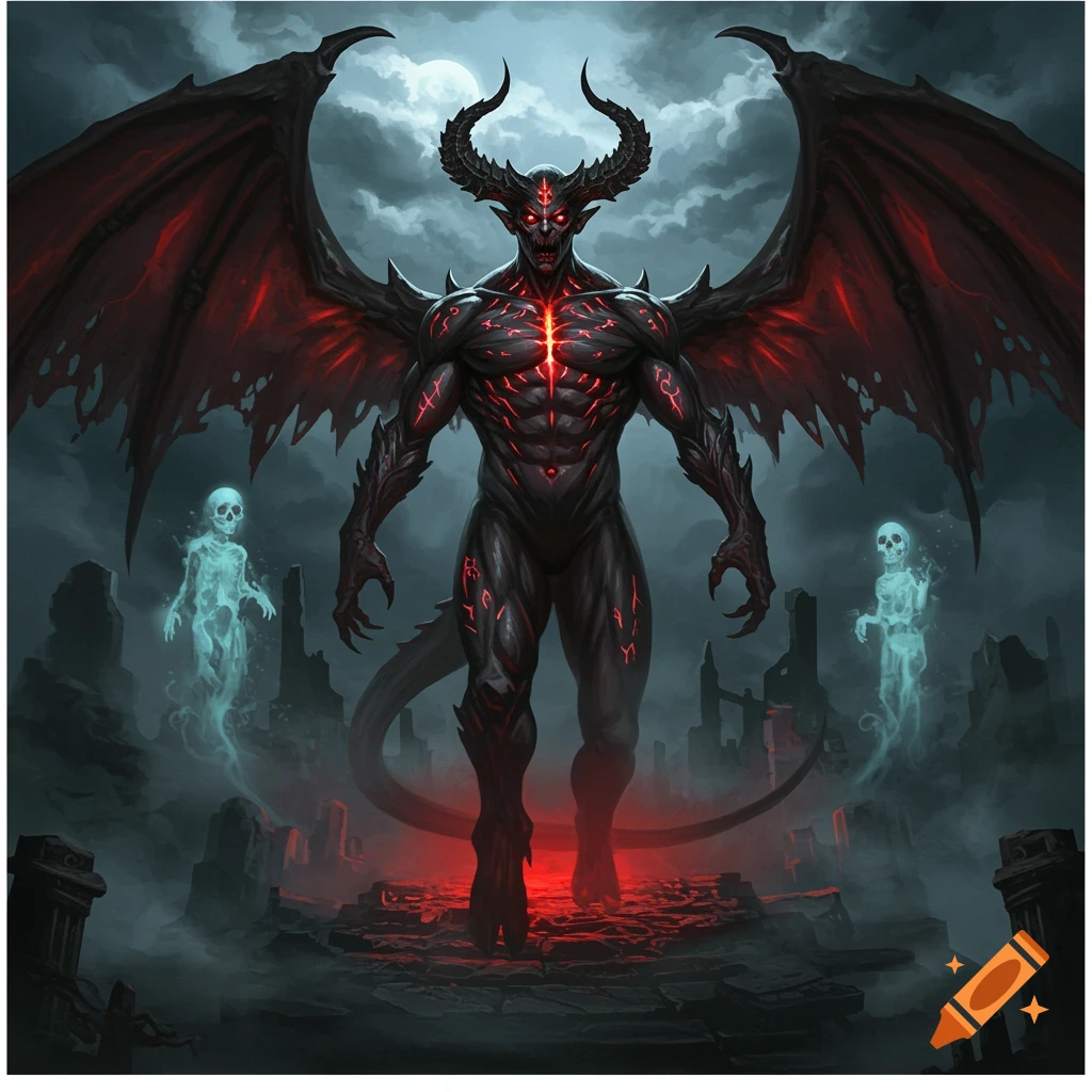 A menacing horned demon with large wings and glowing red cracks on its body stands in a desolate, rocky landscape under a full moon, with two glowing ghost figures.