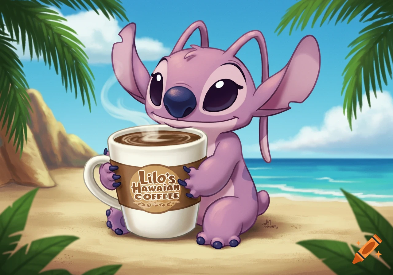 Angel from Lilo and Stitch sits on a beach, holding a white mug labeled "Lilo's Hawaiian Coffee" with steam rising from it.