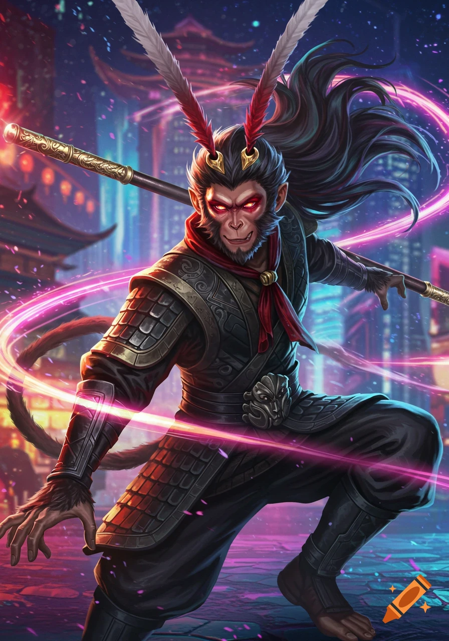 Sun Wukong, the Monkey King, in a dynamic pose with a staff against a neon-lit city skyline in vibrant digital art.