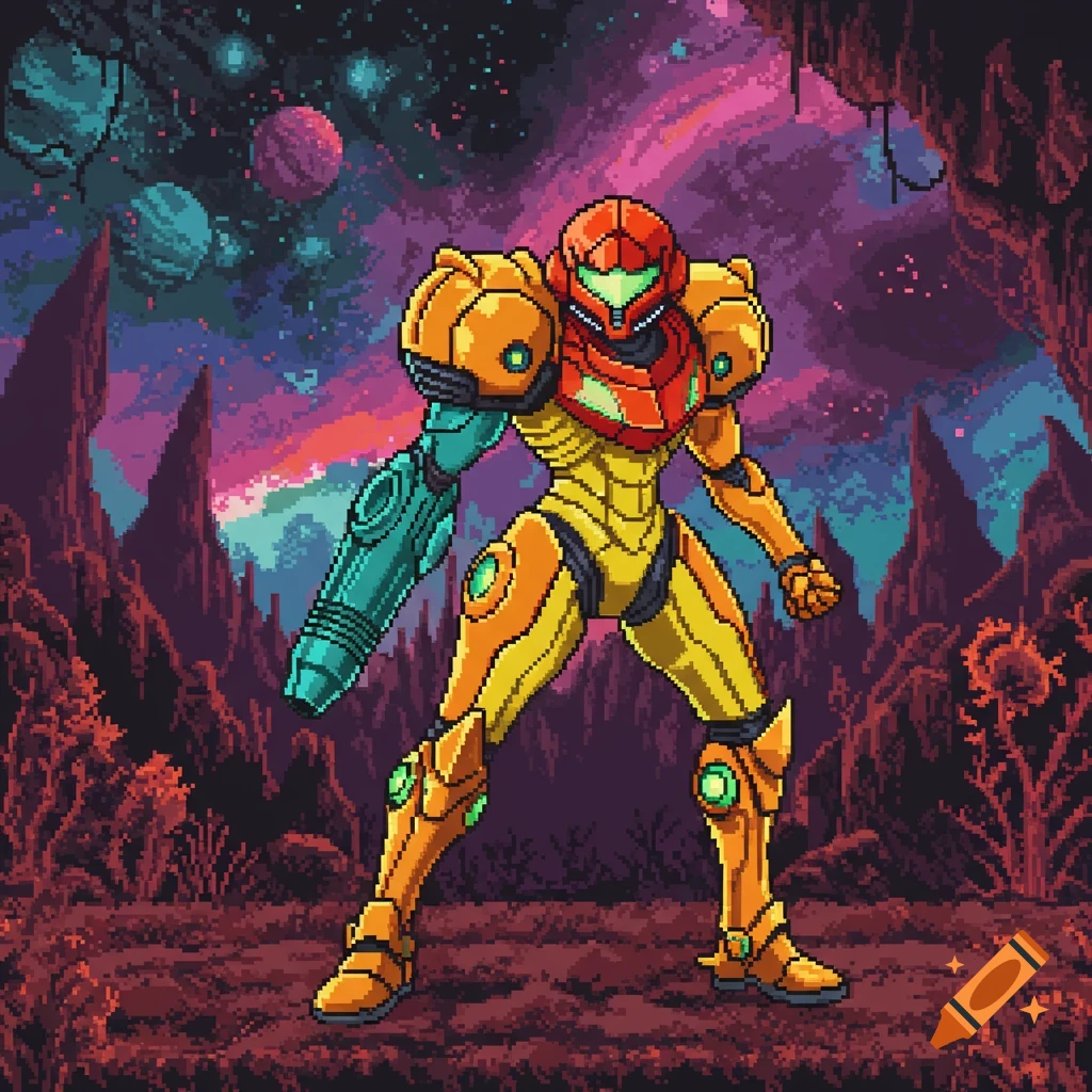 Pixel art of Samus Aran in her power suit standing on an alien planet with space in the background.