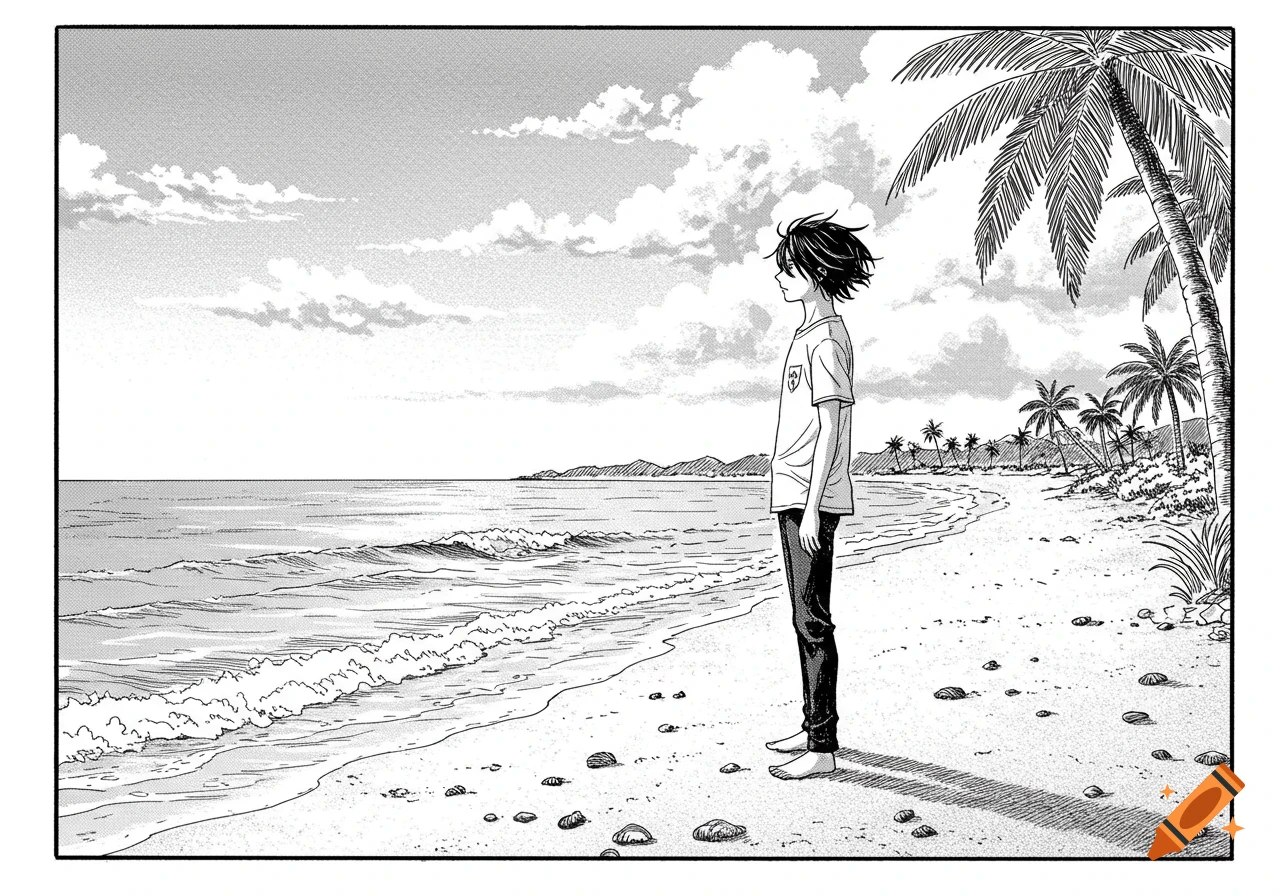 A black and white manga illustration of a person standing on a beach looking out at the ocean, with palm trees.
