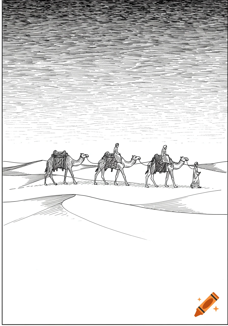 Black and white line art of a camel caravan with riders and cargo walking across desert dunes.