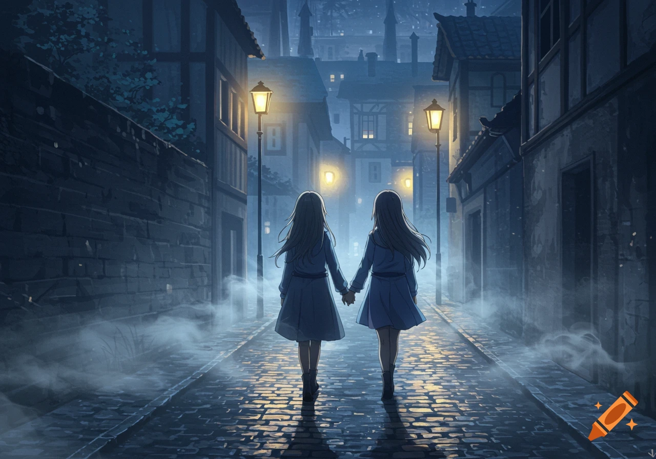 Anime-style illustration of two women walking hand-in-hand down a misty, dimly lit alley at night.