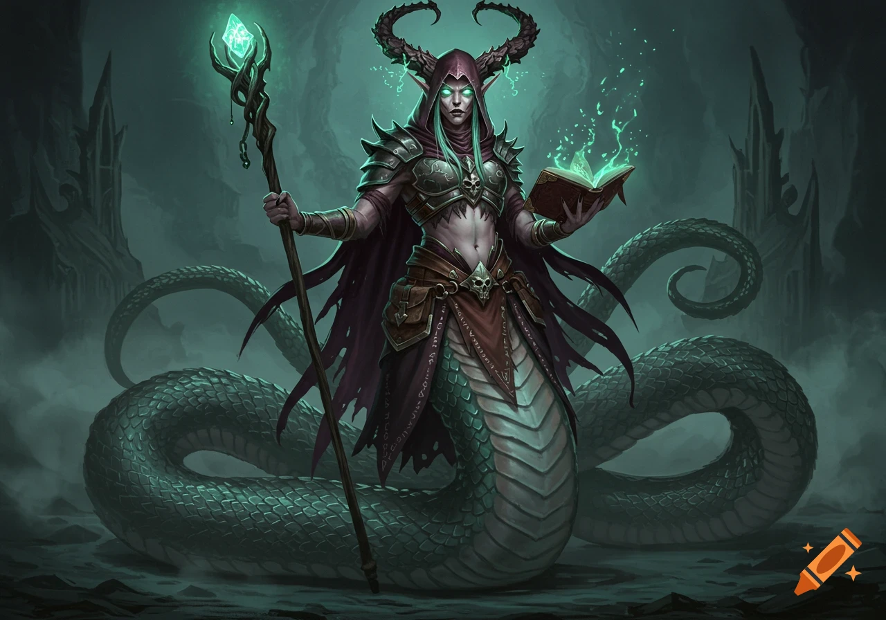 A dark fantasy sorceress with horns, glowing eyes, and a snake lower body, holding a glowing staff and spellbook in a mysterious setting.