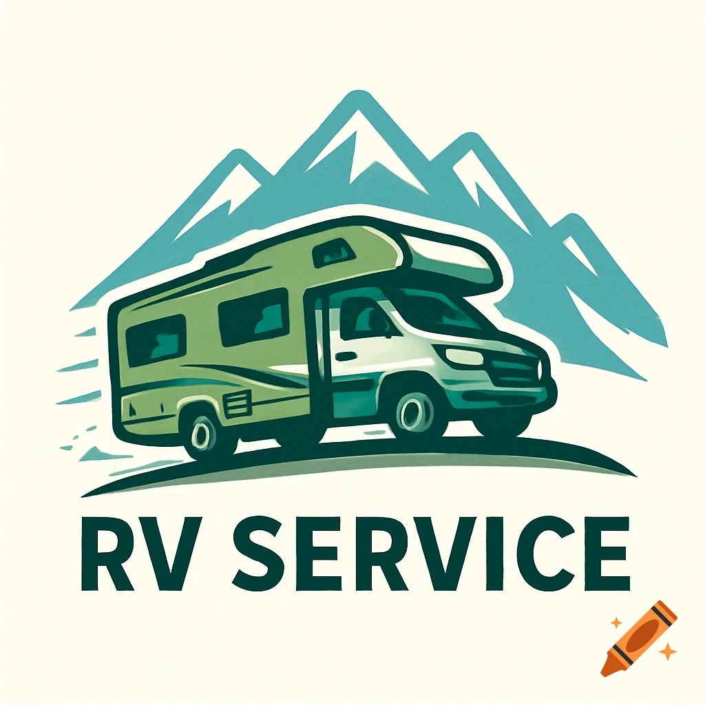 A stylized logo featuring a green and white Class C RV driving on a road with teal mountains in the background, above the text 'RV SERVICE'.