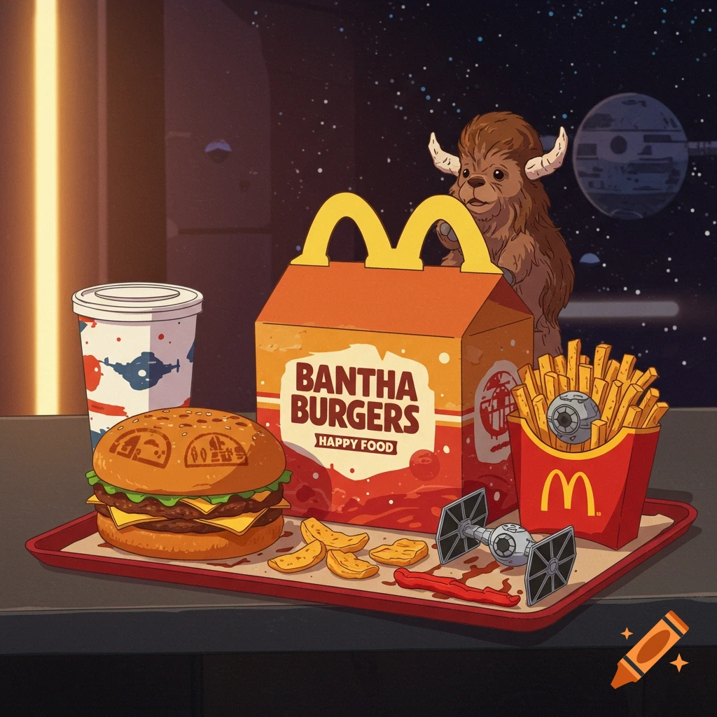 Stylized illustration of a Star Wars-themed McDonald's Happy Meal, with 'Bantha Burgers' box, fries, drink, TIE fighters, and a bantha-like creature in space.