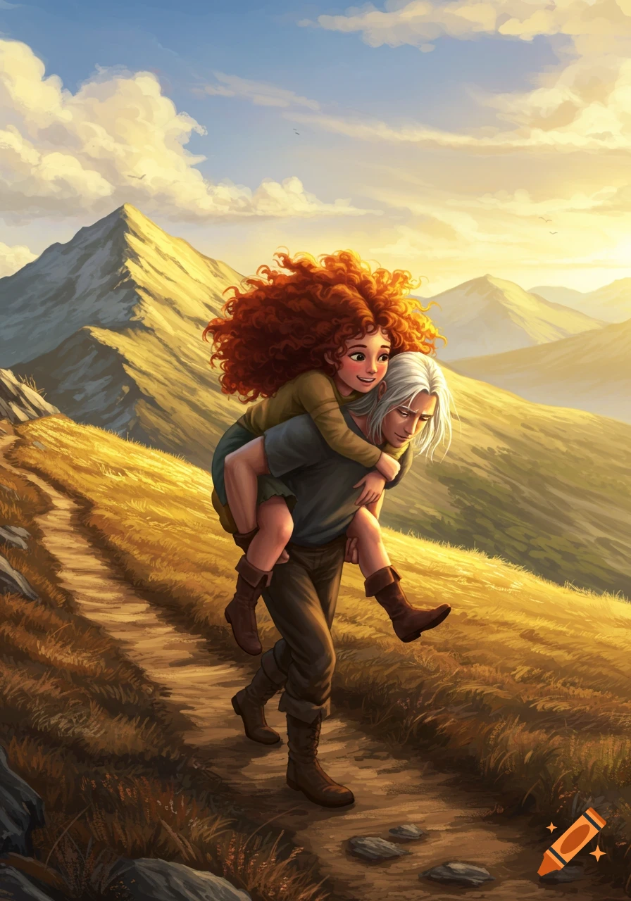 Illustration of a man carrying a girl with long curly red hair on his back on a mountain path at sunset.