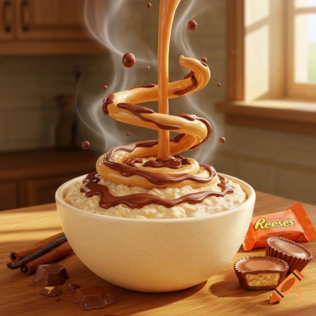 A bowl of oatmeal topped with spiraling peanut butter and chocolate, with Reese's candies and cinnamon sticks on a wooden table.