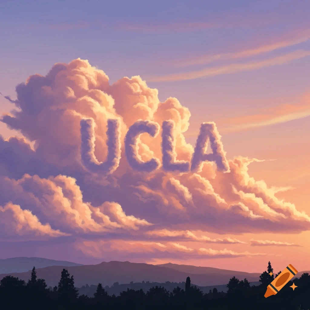 Clouds spell UCLA in a vibrant sunset sky over a landscape with mountains and trees.