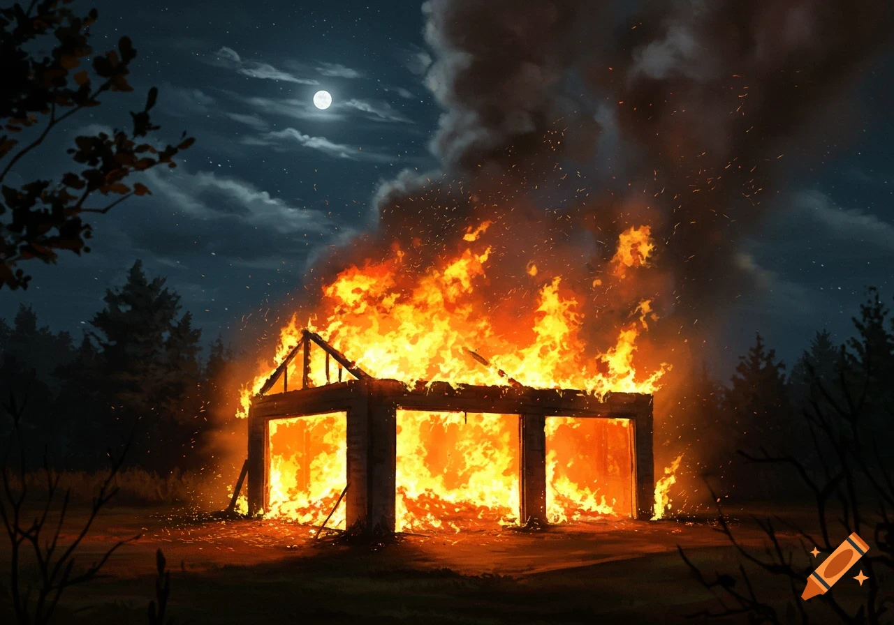 A garage engulfed in large flames and smoke at night under a full moon, with surrounding trees.
