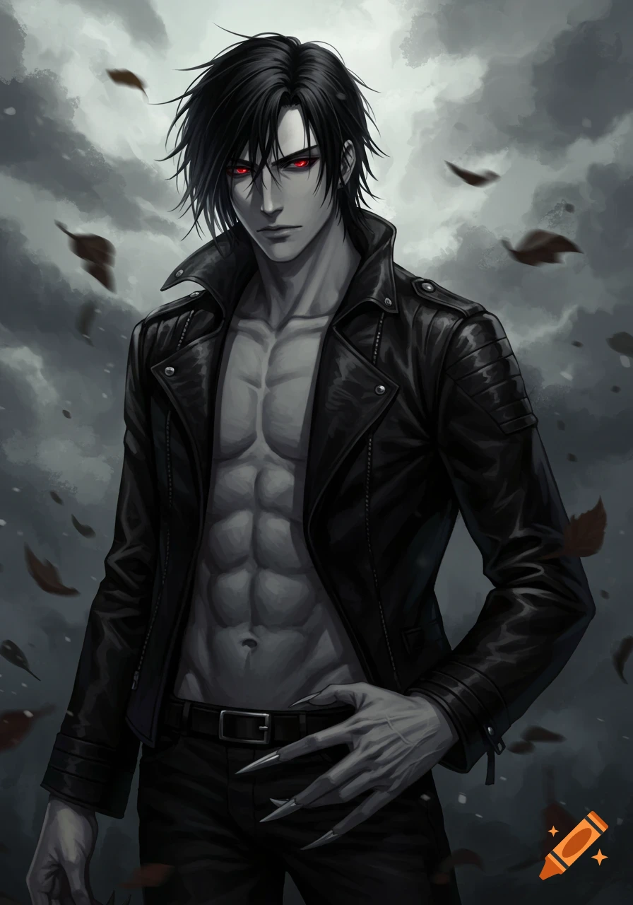 An anime-style man with shaggy black hair, red eyes, gray skin, and silver-tipped claws, wearing an open leather jacket against a stormy background with falling leaves.