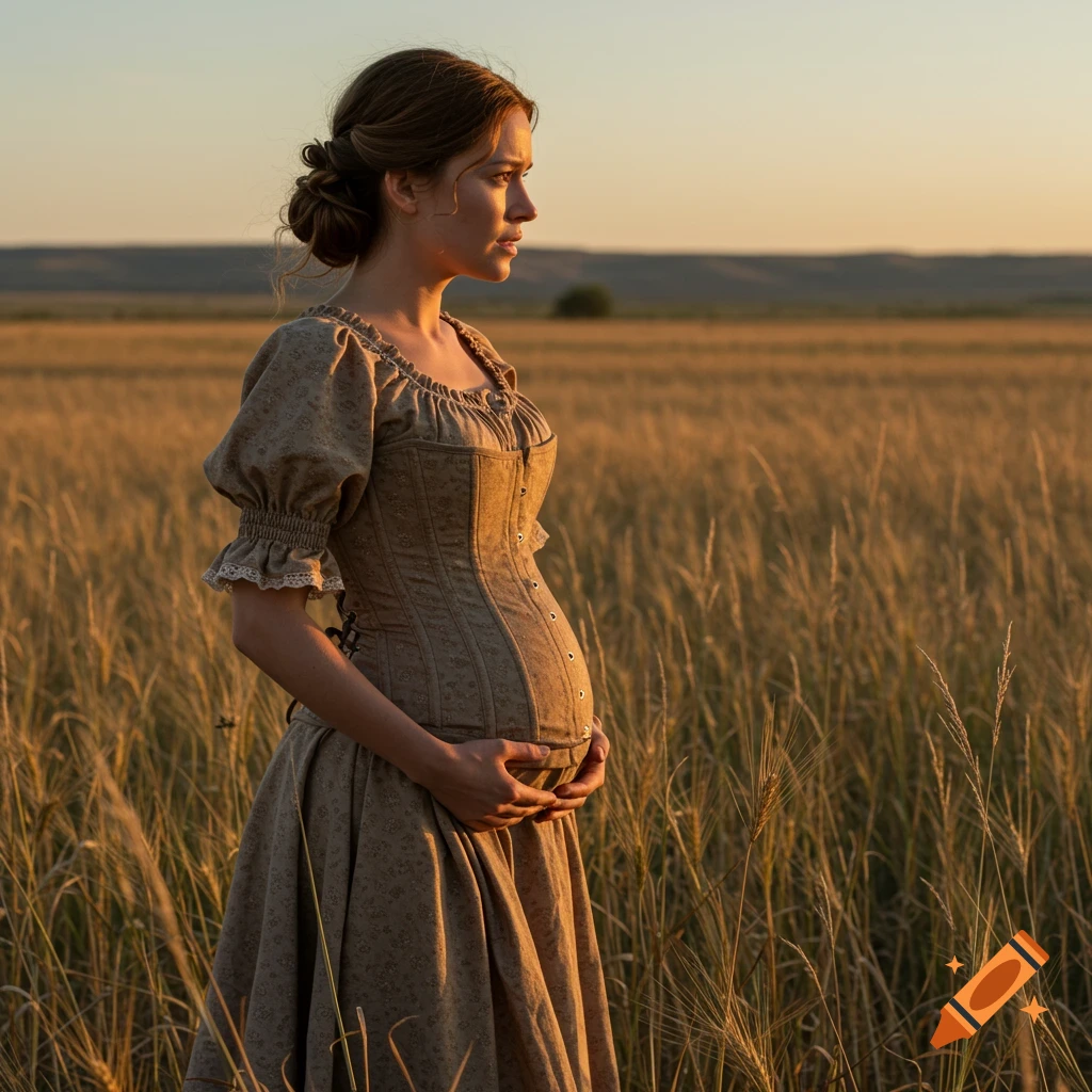 A pregnant woman in an 1800s-style corset and dress stands in a golden crop field at sunset, looking into the distance.