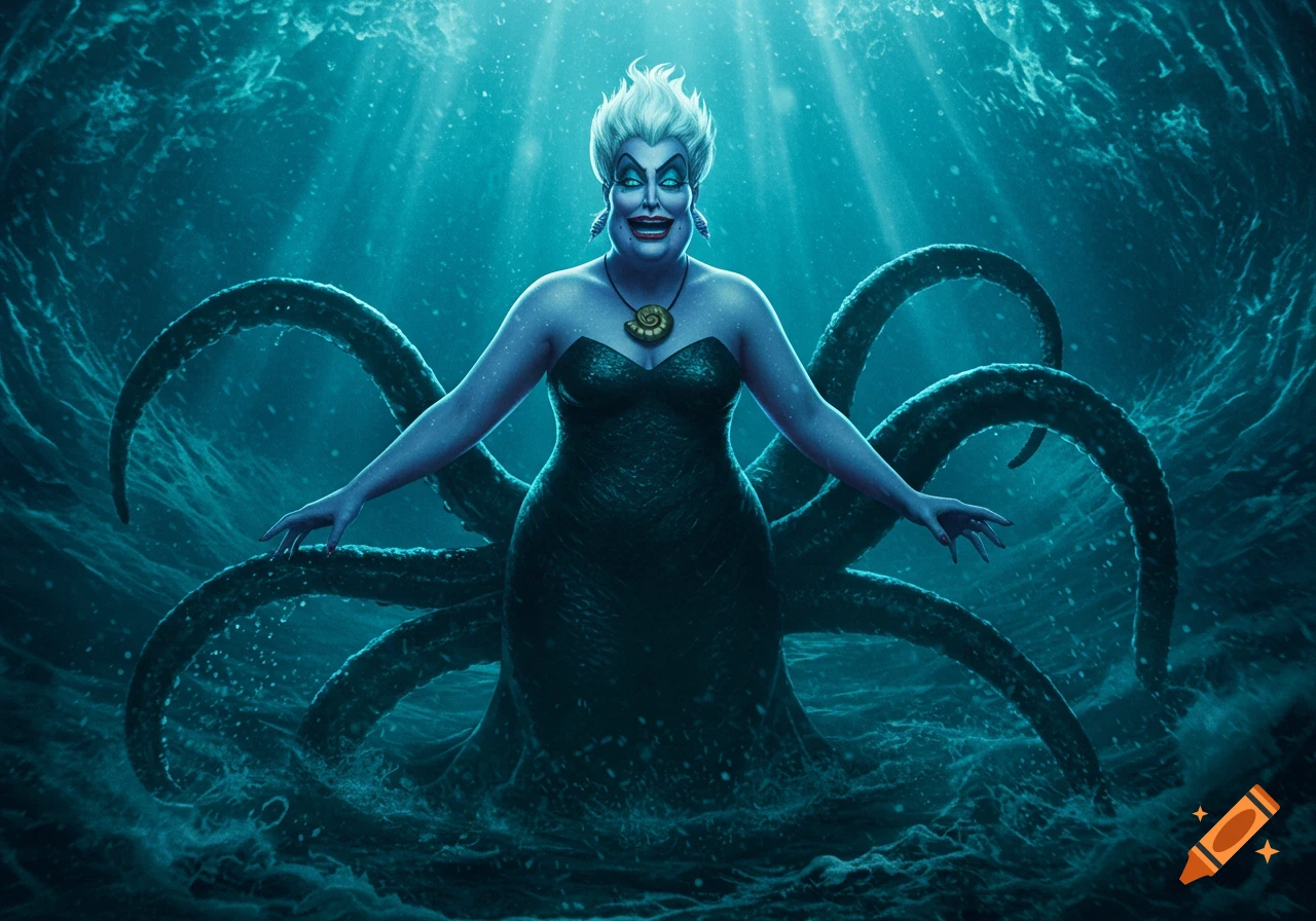 A realistic digital illustration of Ursula, the sea witch, emerging from dark, wavy water with her tentacles, light rays piercing the surface.