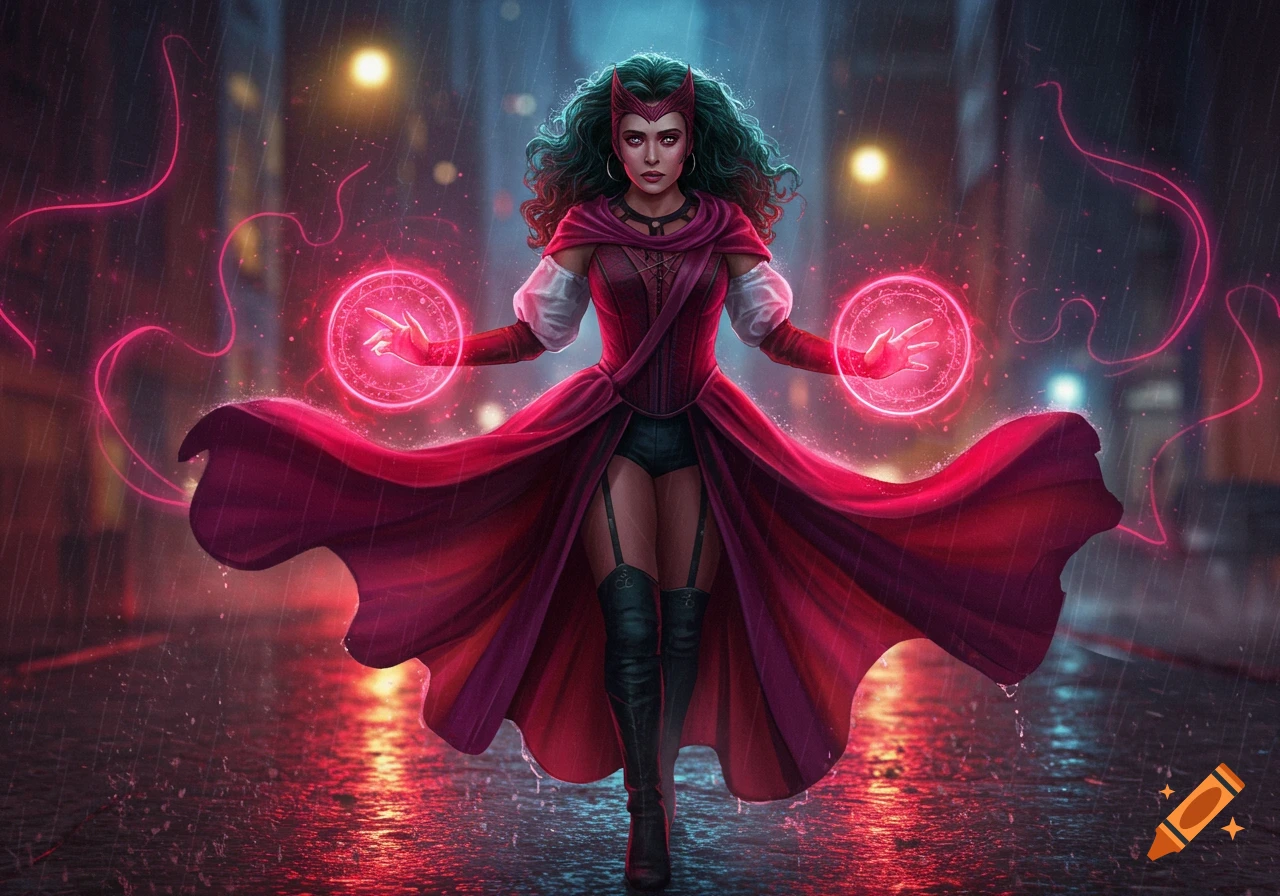 A woman with green hair in a red and white costume, with glowing pink magic orbs in her hands, stands in the rain on a wet city street at night.