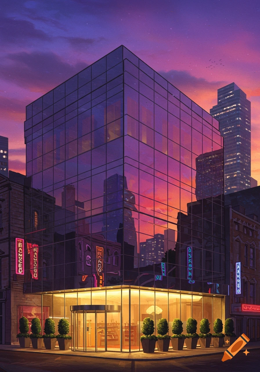 A modern glass building reflects a vibrant purple and orange sunset sky in an urban setting with neon signs and storefronts.