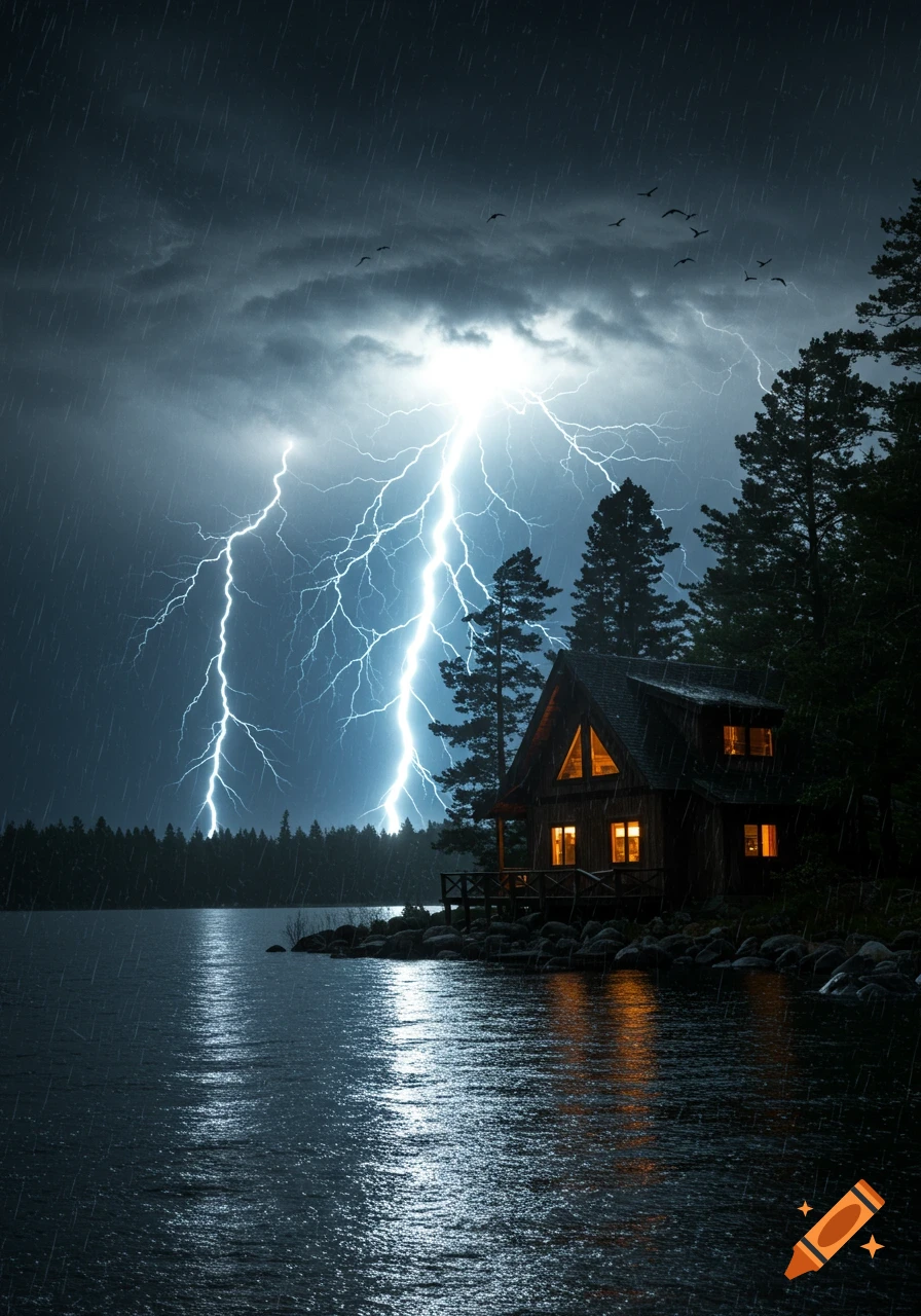 A rustic lake house illuminated by light from its windows during a fierce lightning storm and heavy rain.