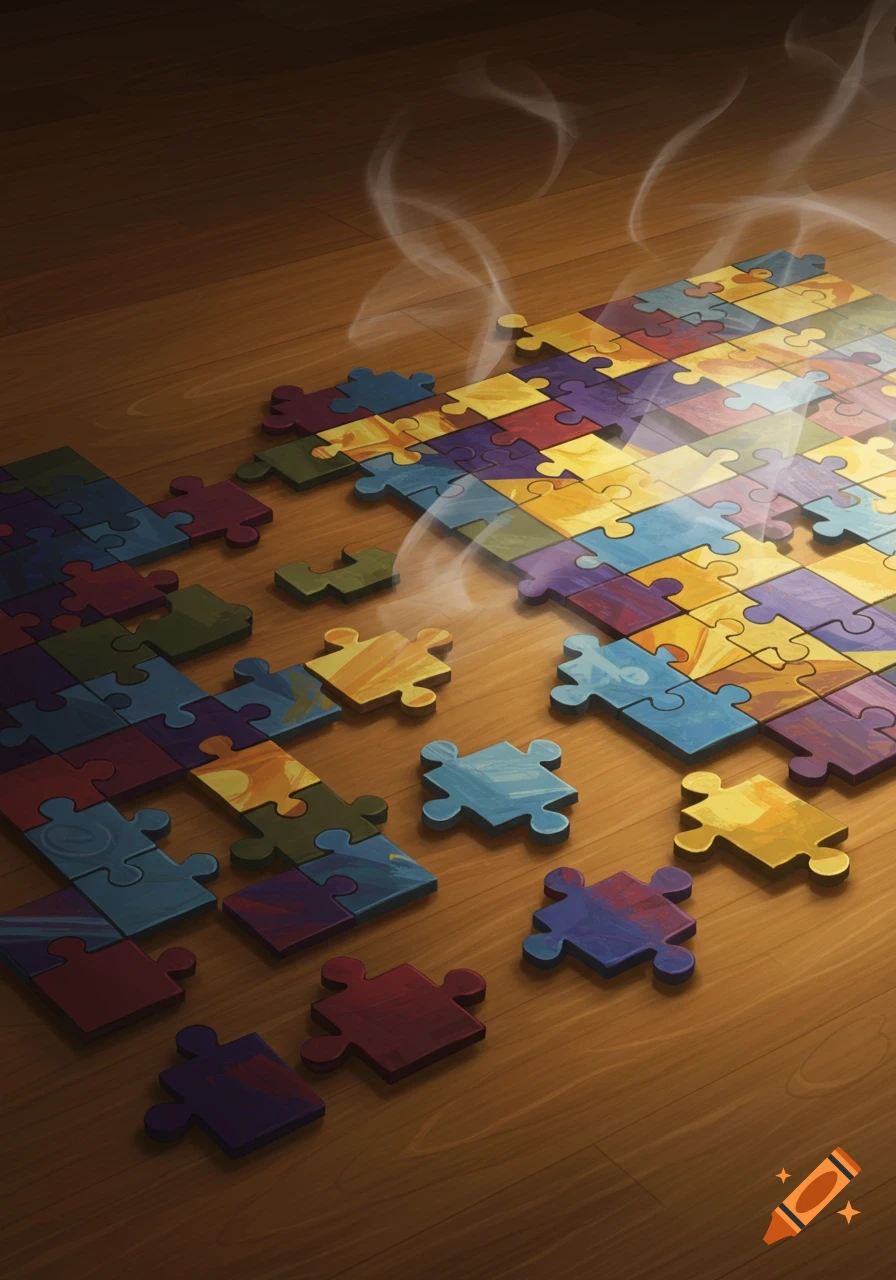 Colorful puzzle pieces scattered on a wooden floor, with some assembled and some loose, featuring a smoky effect.