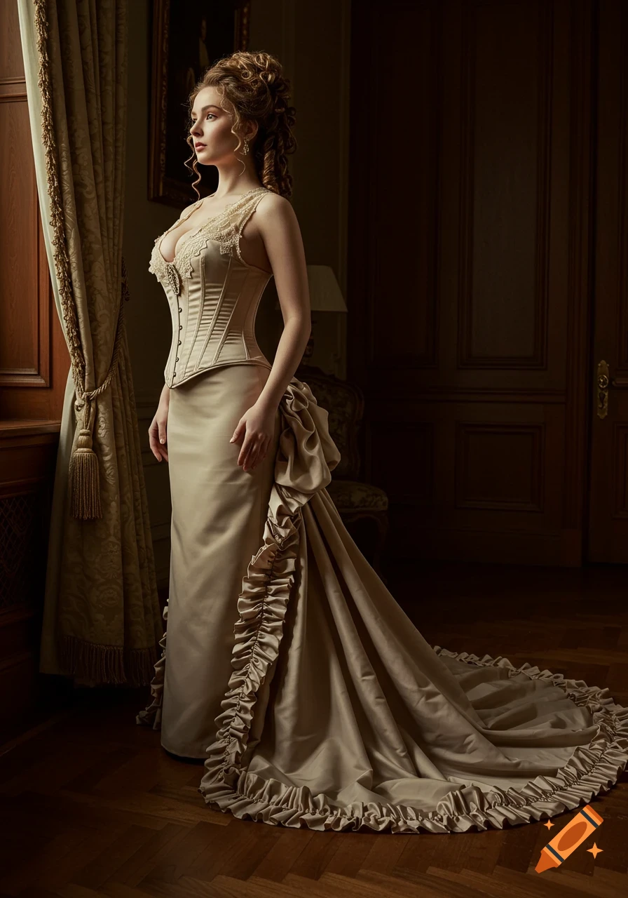 A full-body portrait of a woman in an opulent Victorian evening gown looking out a window in a dimly lit room, realistic photography style.