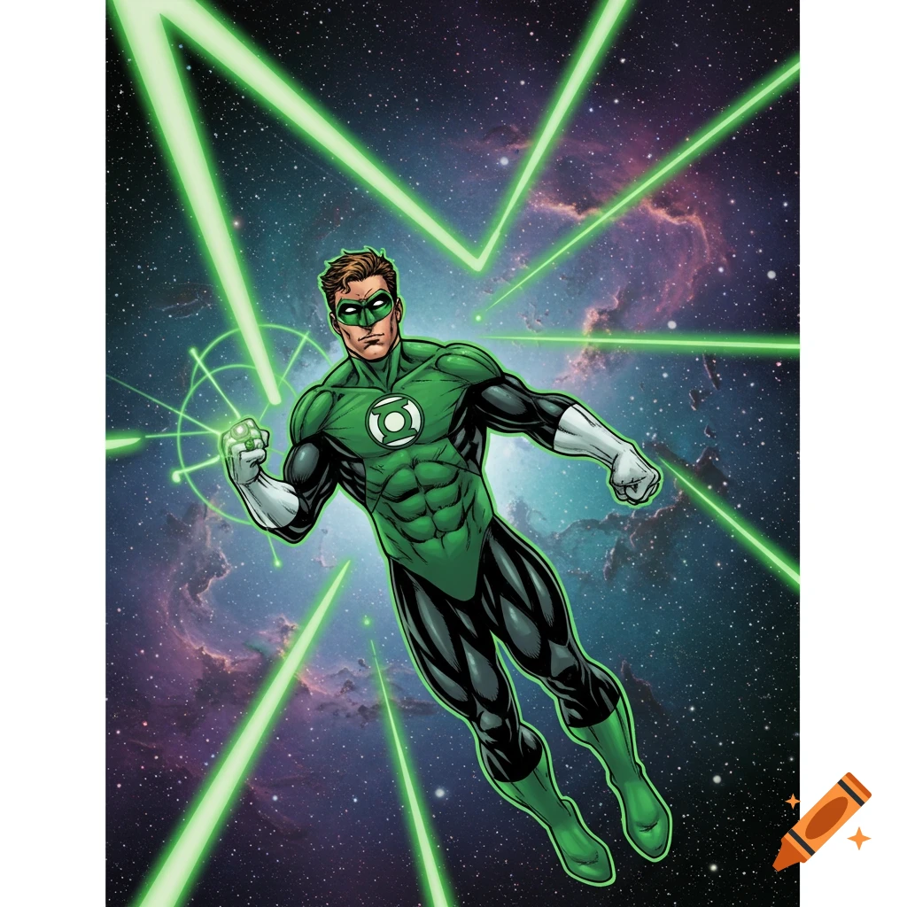 Green Lantern flying through space, surrounded by bright green energy beams, in a classic comic book art style.