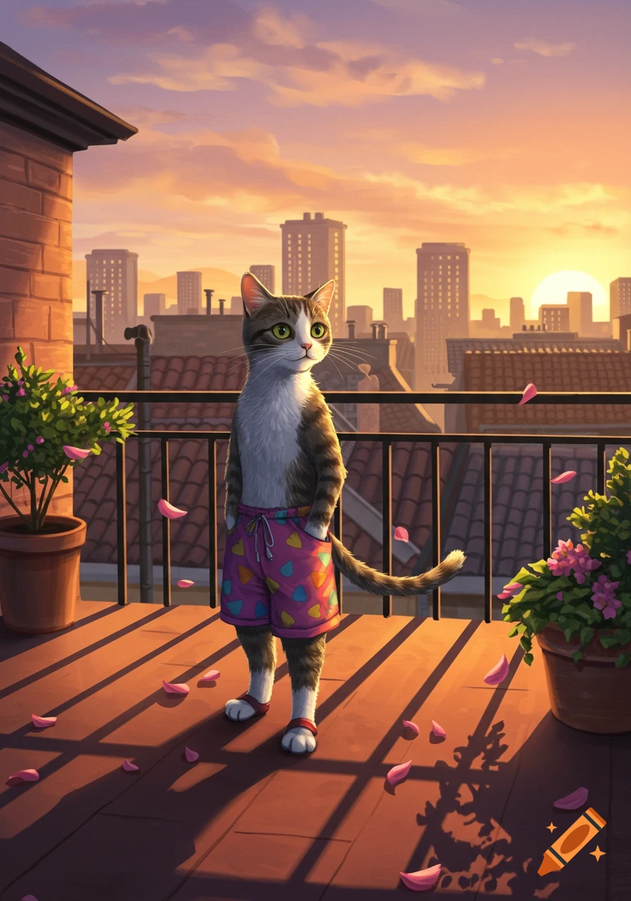 A tabby cat in pink shorts and red sandals stands on a rooftop balcony at sunset, overlooking a city skyline. Digital art.