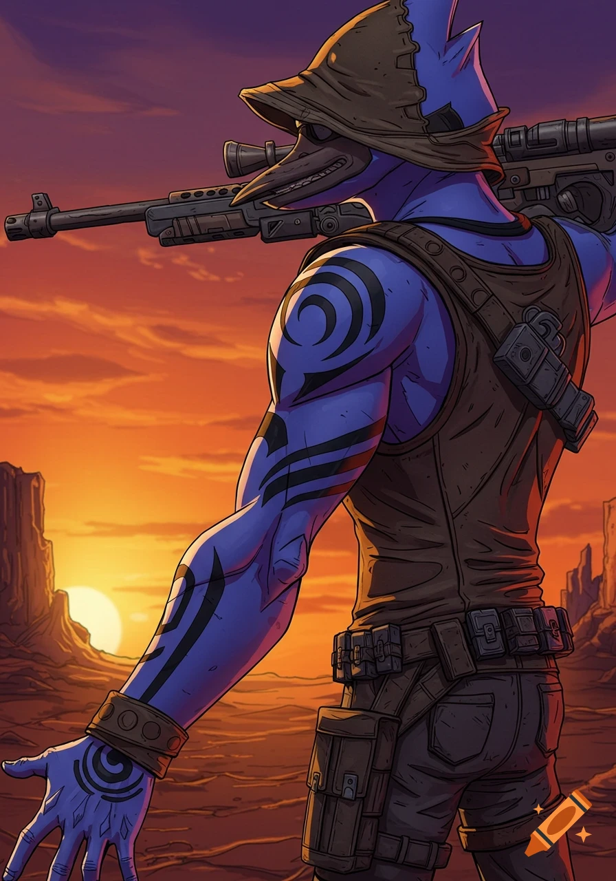 A stylized blue bird-like character with a sniper rifle over their shoulder, standing in a desert at sunset.