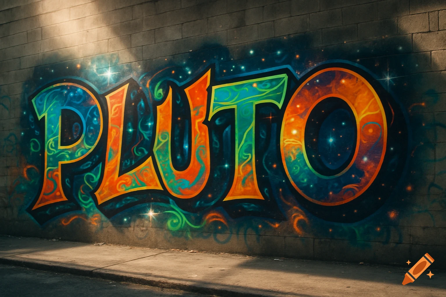 Vibrant graffiti mural of the word PLUTO on a brick wall, illuminated by sunlight.