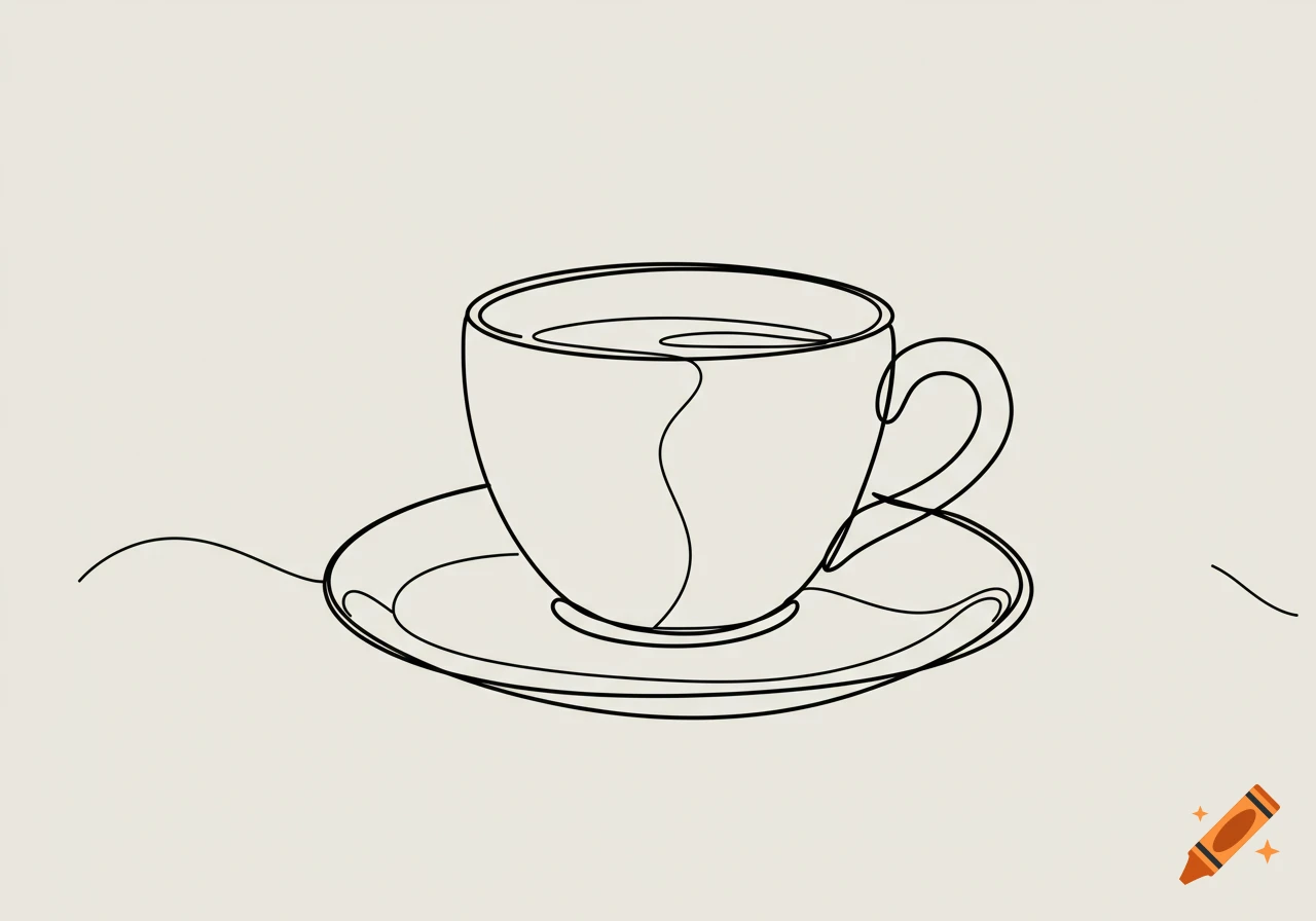 A single continuous line drawing of a coffee cup and saucer on a plain background.
