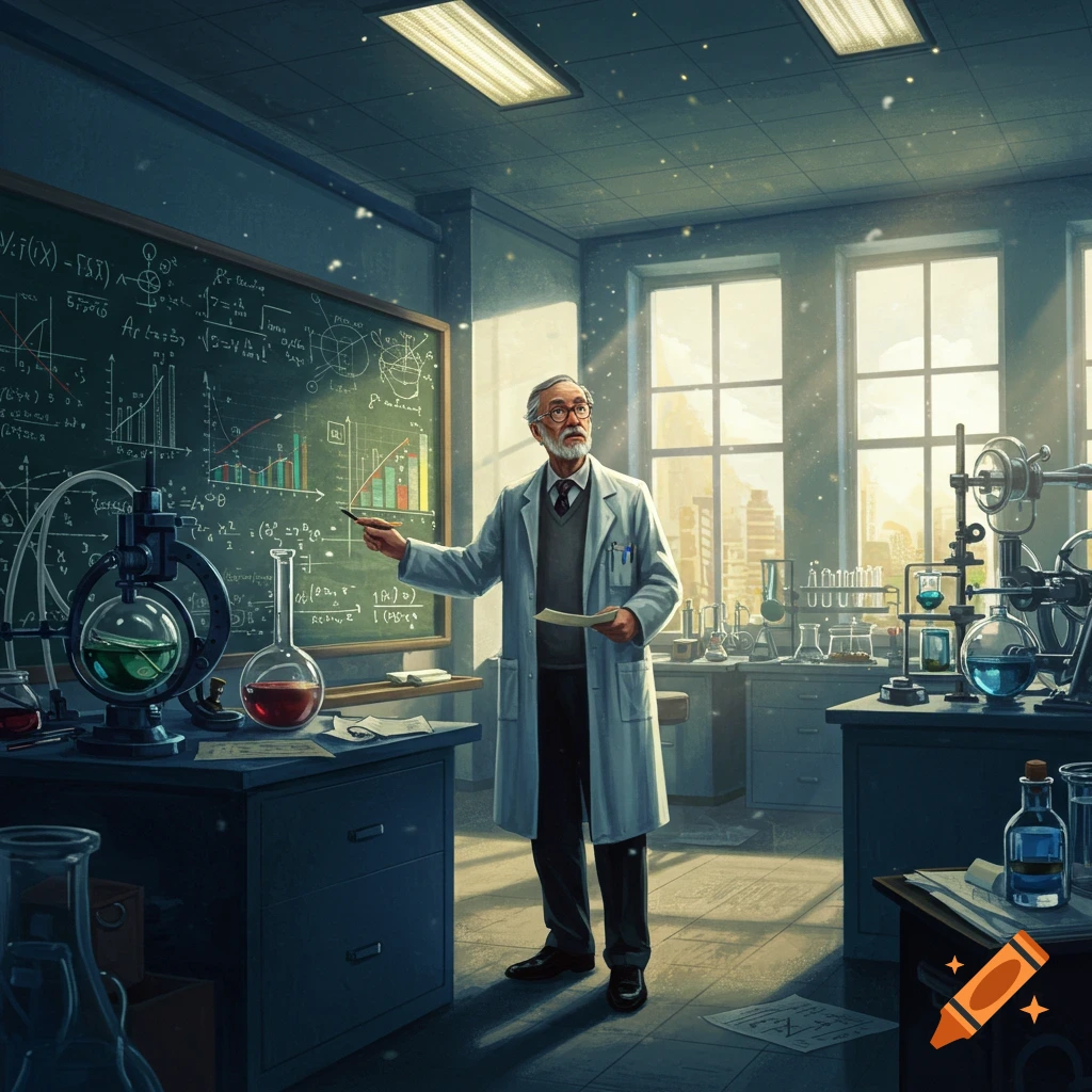 An elderly male scientist in a lab coat points at a blackboard full of equations and graphs in a sunlit laboratory.