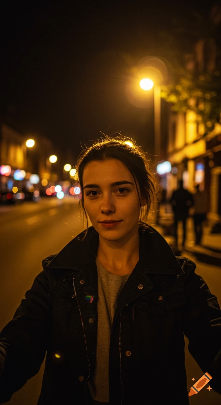 A young woman stands on a dimly lit street at night, looking forward, with blurred city lights in the background.