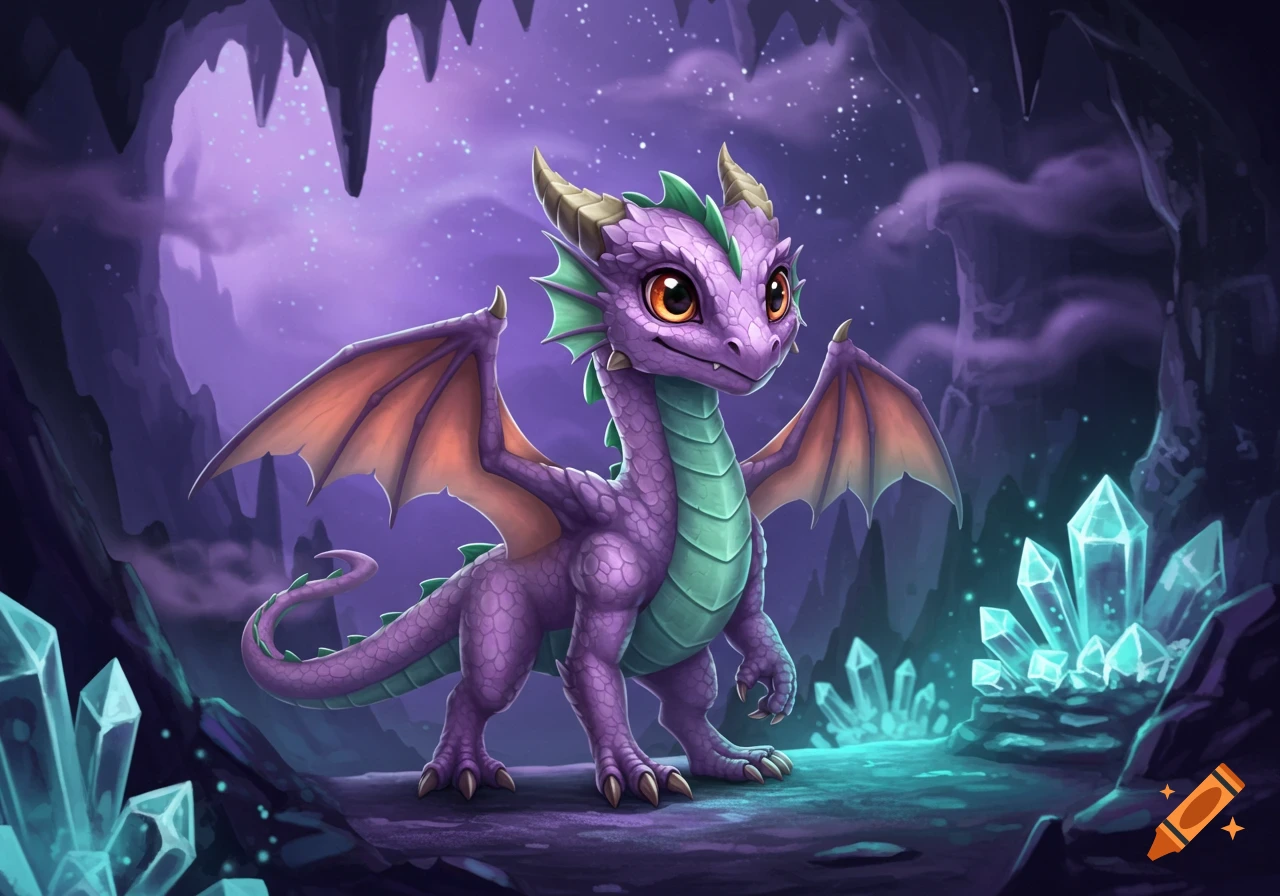 A cute purple and green dragon with large orange wings stands in a glowing purple cave with bright blue crystals.