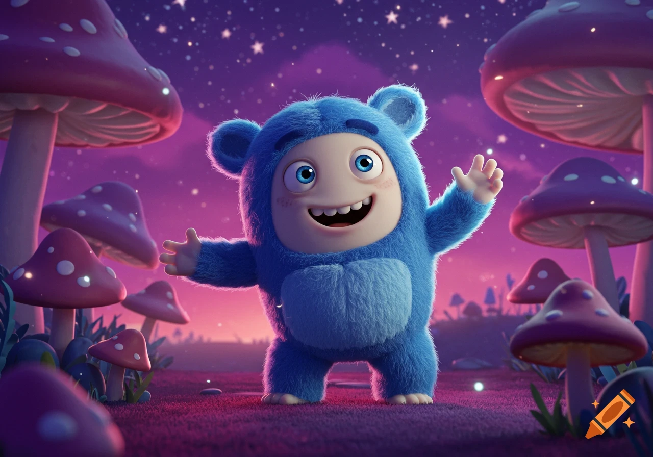 A cheerful blue furry cartoon monster with wide eyes and a smile waves in an enchanting purple mushroom forest under a starry night sky.