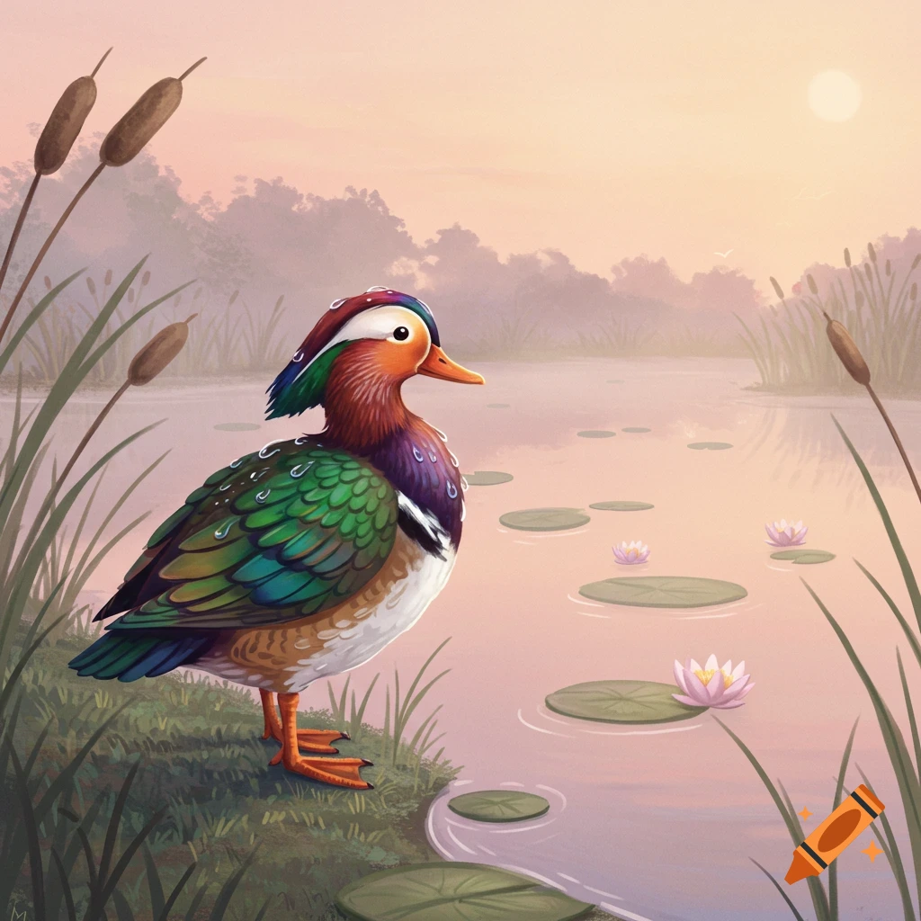 A vibrantly colored mandarin duck stands at the edge of a serene pond with water lilies and cattails, under a soft, glowing sky.