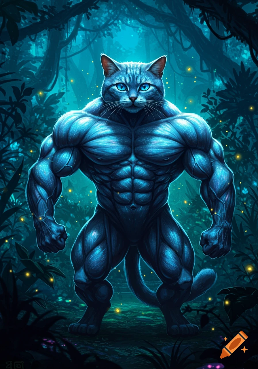 A muscular blue-grey anthropomorphic cat with glowing blue eyes stands in a dark, luminous jungle.