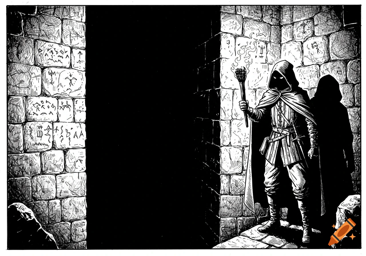 A black and white illustration of a cloaked rogue holding a torch in a stone dungeon, illuminating ancient symbols on the walls.