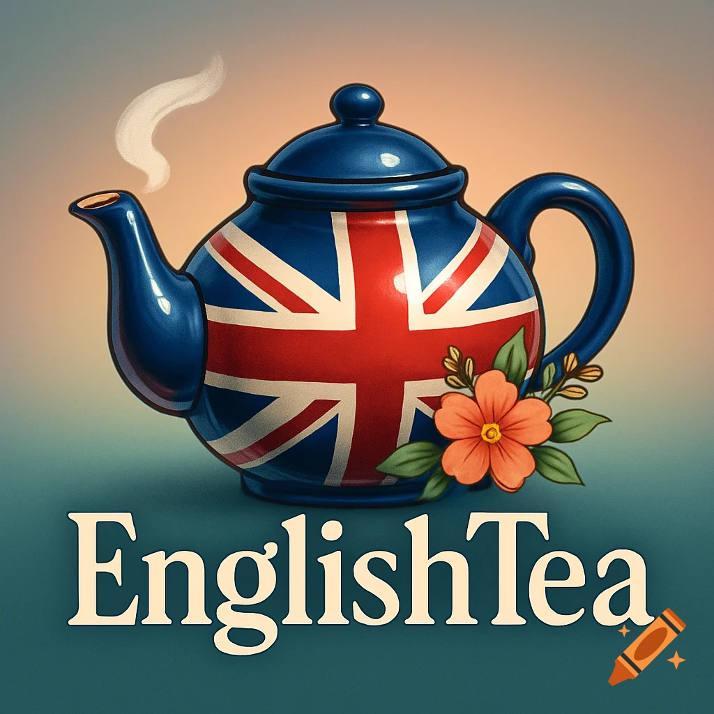 A Union Jack themed teapot with steam and orange flowers, above the text "EnglishTea".