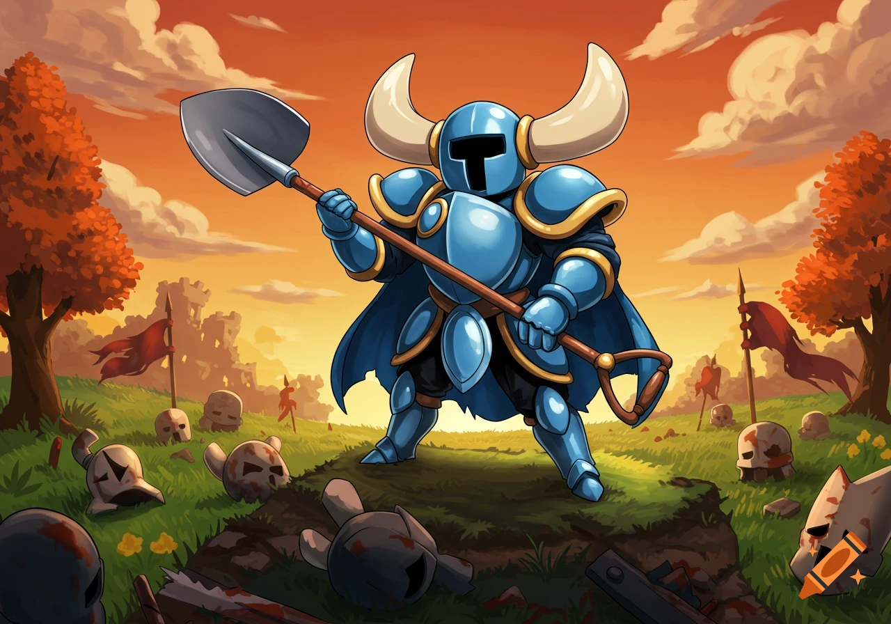 Shovel Knight in blue armor, holding a shovel, stands on a mound surrounded by broken helmets and skulls, with a castle at sunset in the background in a cartoon style.