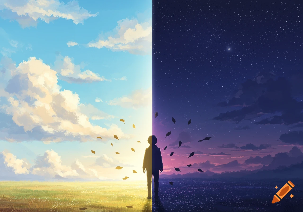 A person stands on a field split between bright day and starry night, with leaves falling around them in an anime style.